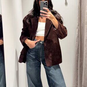 NWT ZARA WOMAN FW25 DARK BROWN 100% SUEDE OVERSIZED BLAZER 4341/710/716 Small